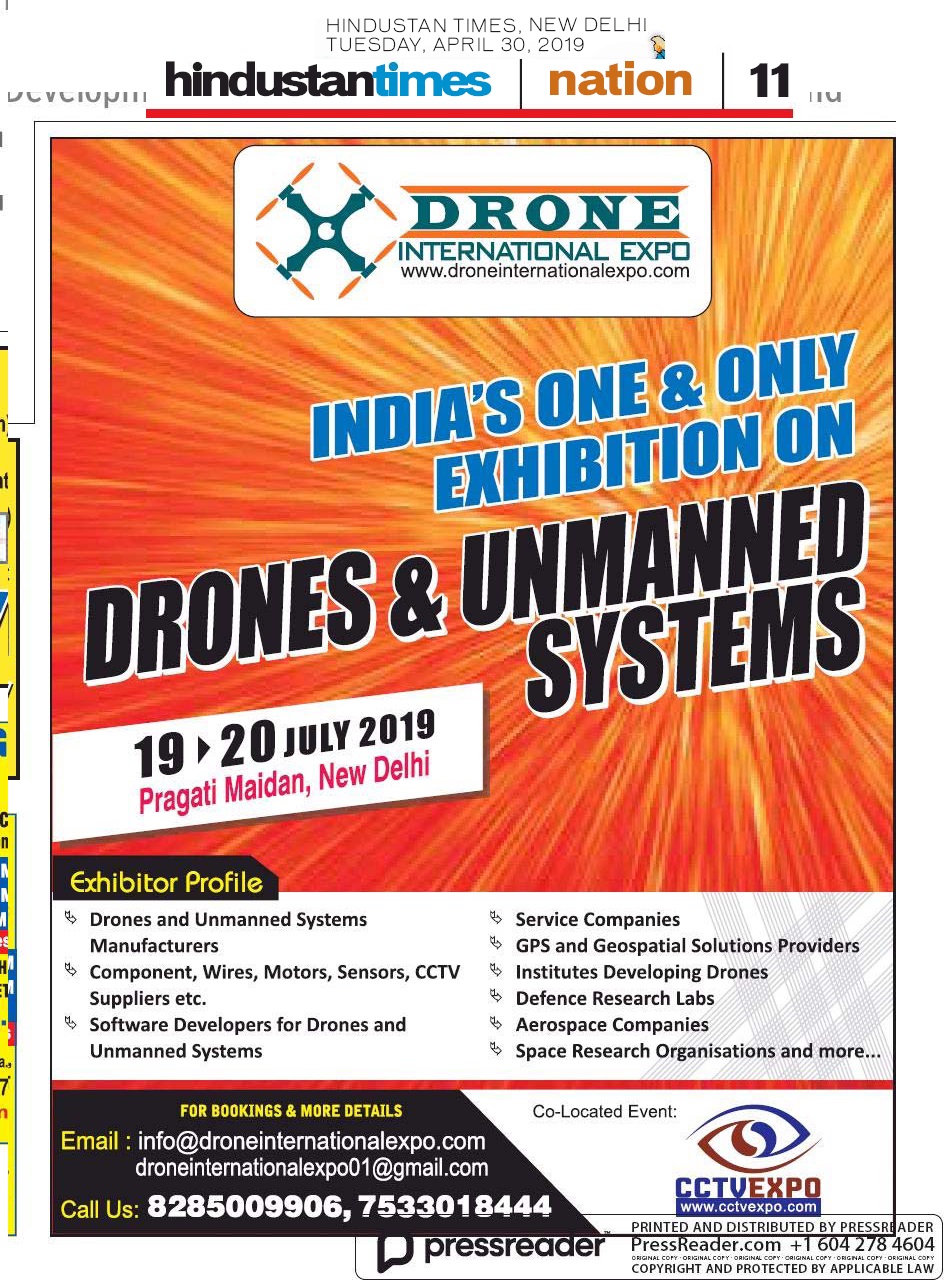 Drone International Expo Ad on Hindustan Times papers on 30 April 2019
